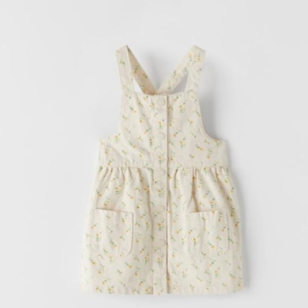 Zara Girls Floral Twill Overall Dress Light Yellow With Pockets 6/9 Months